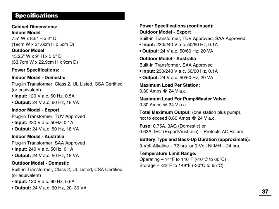 Specifications 37 | Toro GREENKEEPER 212 User Manual | Page 38 / 39
