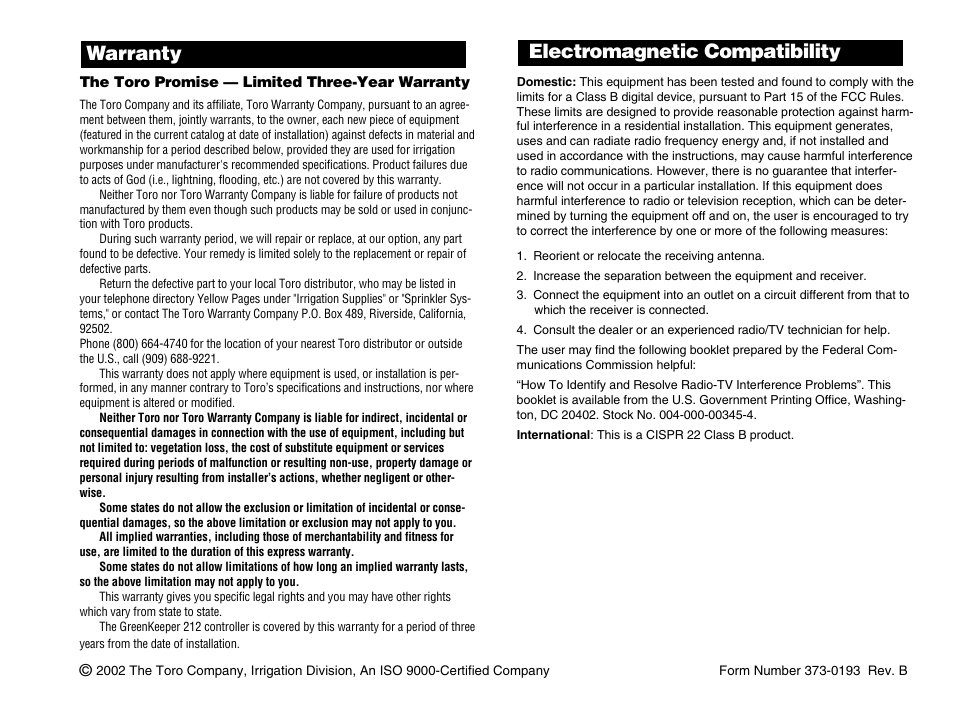 Warranty electromagnetic compatibility | Toro GREENKEEPER 212 User Manual | Page 39 / 39