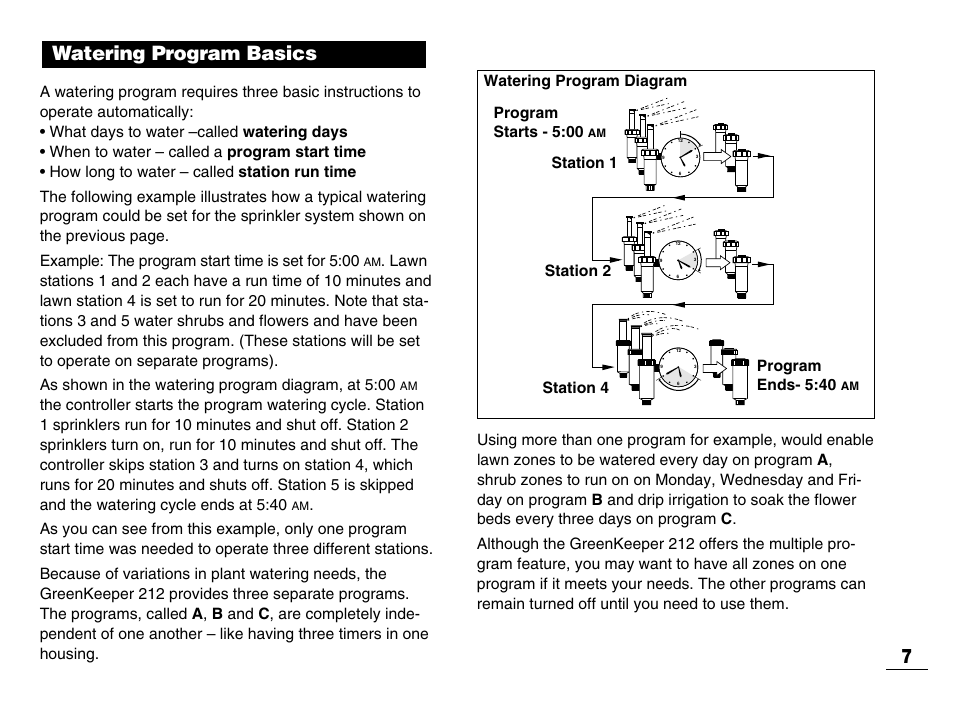 Watering program basics 7, Station 1 program starts - 5:00, Program ends- 5:40 | Station 2 station 4 watering program diagram | Toro GREENKEEPER 212 User Manual | Page 8 / 39