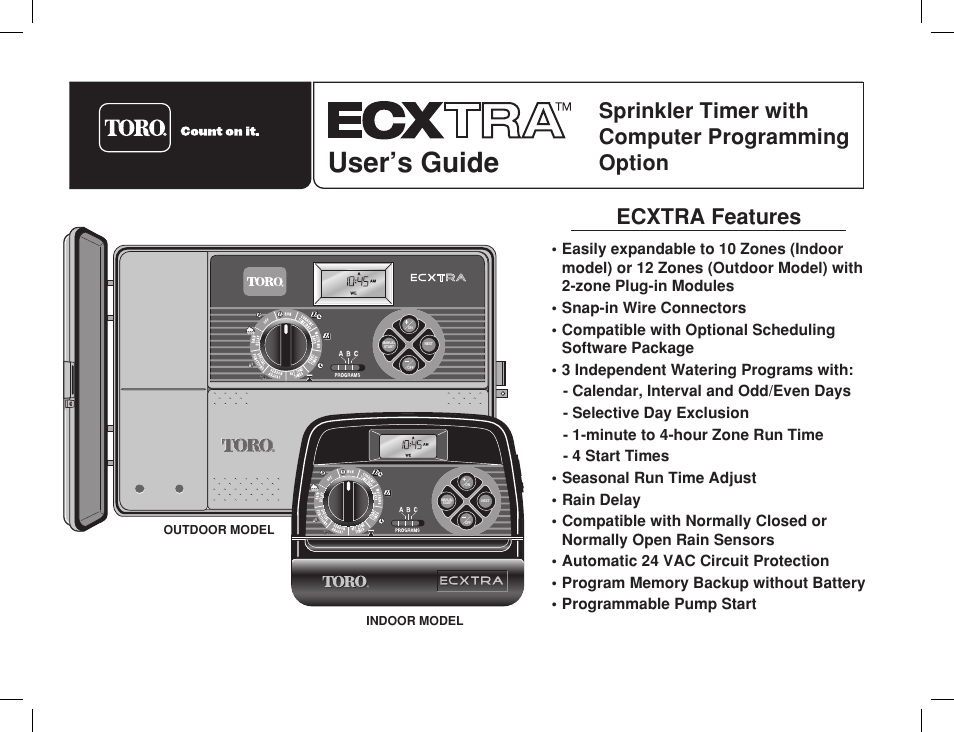 Toro Sprinkler Timer with Computer Programming Option ECXTRA User Manual | 44 pages