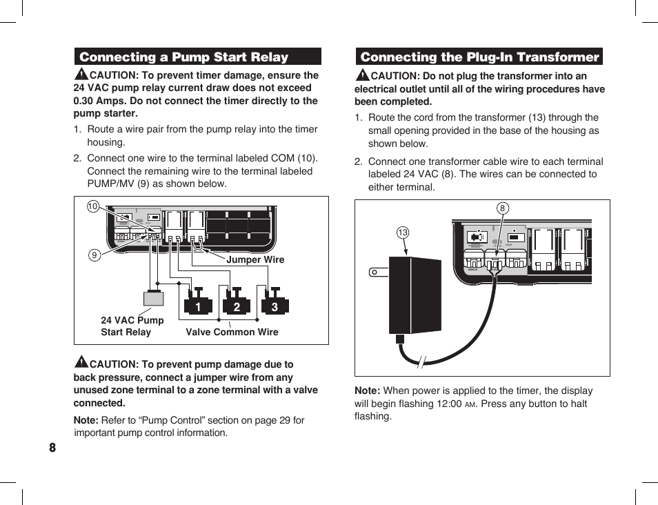 Connecting a pump start relay, Connecting the plug-in transformer | Toro Sprinkler Timer with Computer Programming Option ECXTRA User Manual | Page 10 / 44