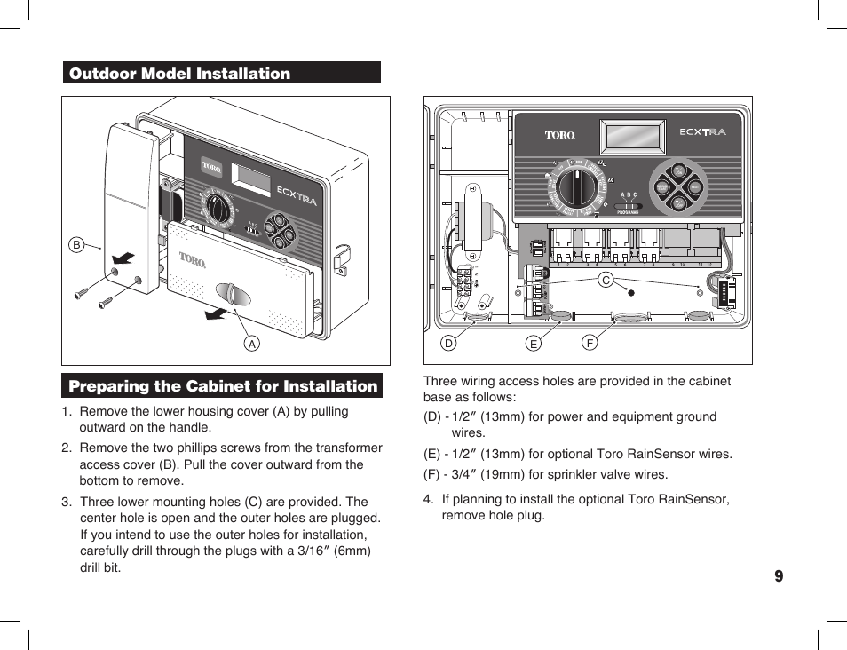 Outdoor model installation, Preparing the cabinet for installation | Toro Sprinkler Timer with Computer Programming Option ECXTRA User Manual | Page 11 / 44