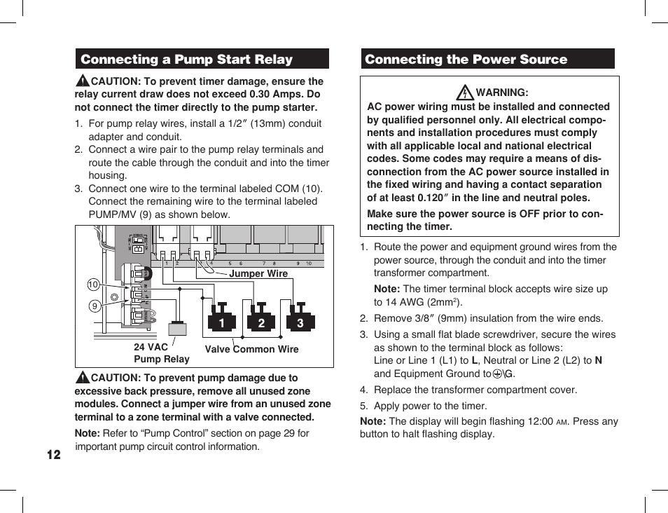 Connecting a pump start relay, Connecting the power source | Toro Sprinkler Timer with Computer Programming Option ECXTRA User Manual | Page 14 / 44