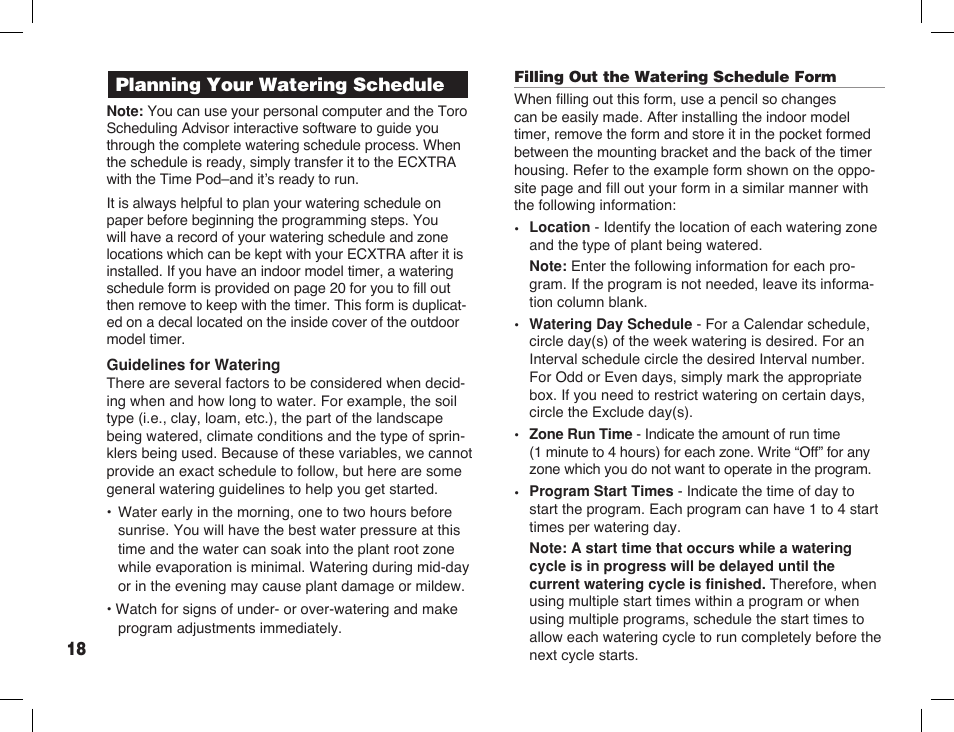 Planning your watering schedule | Toro Sprinkler Timer with Computer Programming Option ECXTRA User Manual | Page 20 / 44