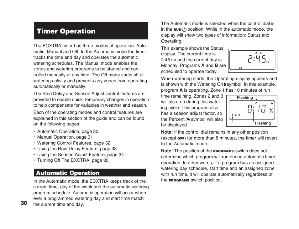 Timer operation, Automatic operation | Toro Sprinkler Timer with Computer Programming Option ECXTRA User Manual | Page 32 / 44