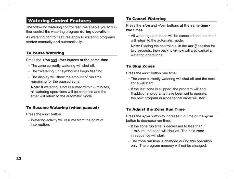 Watering control features | Toro Sprinkler Timer with Computer Programming Option ECXTRA User Manual | Page 34 / 44