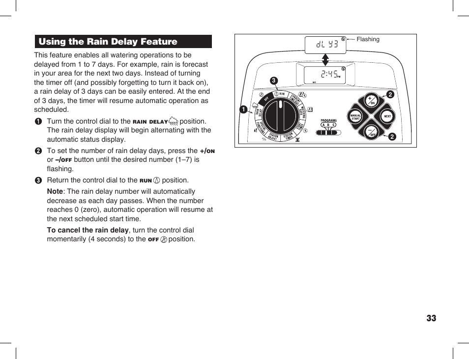 Using the rain delay feature | Toro Sprinkler Timer with Computer Programming Option ECXTRA User Manual | Page 35 / 44