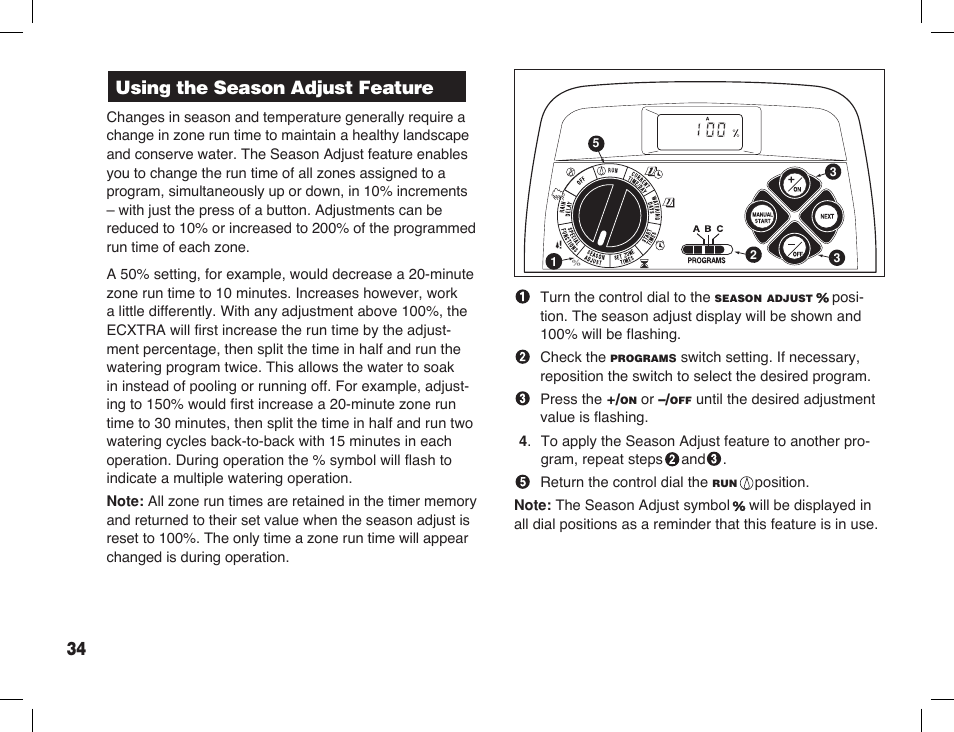 Using the season adjust feature | Toro Sprinkler Timer with Computer Programming Option ECXTRA User Manual | Page 36 / 44