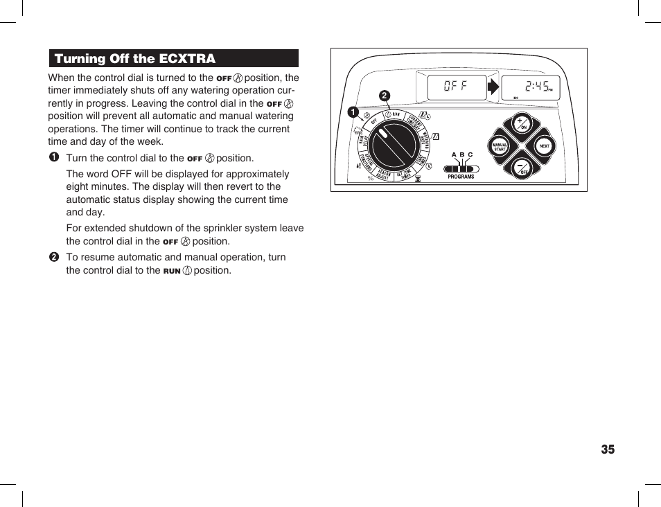 Turning off the ecxtra | Toro Sprinkler Timer with Computer Programming Option ECXTRA User Manual | Page 37 / 44