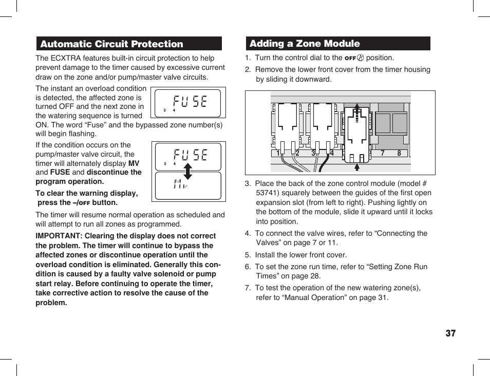 Automatic circuit protection, Adding a zone module | Toro Sprinkler Timer with Computer Programming Option ECXTRA User Manual | Page 39 / 44
