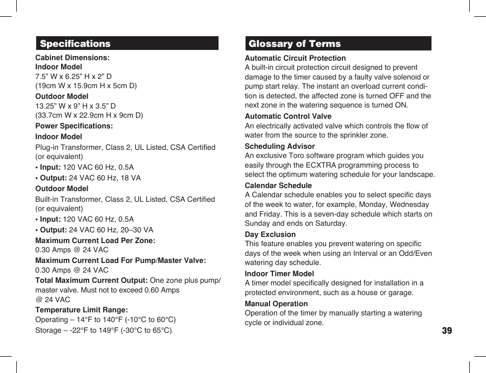 Glossary of terms, Specifications | Toro Sprinkler Timer with Computer Programming Option ECXTRA User Manual | Page 41 / 44
