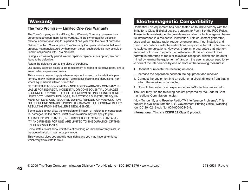 Warranty, Electromagnetic compatibility | Toro Sprinkler Timer with Computer Programming Option ECXTRA User Manual | Page 44 / 44