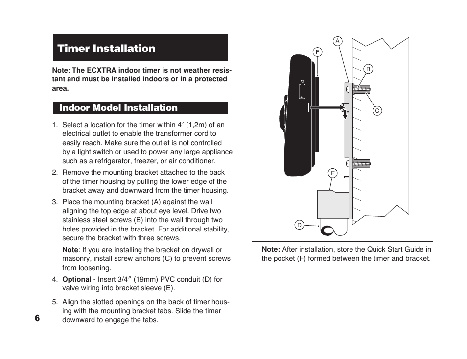 Timer installation, Indoor model installation | Toro Sprinkler Timer with Computer Programming Option ECXTRA User Manual | Page 8 / 44