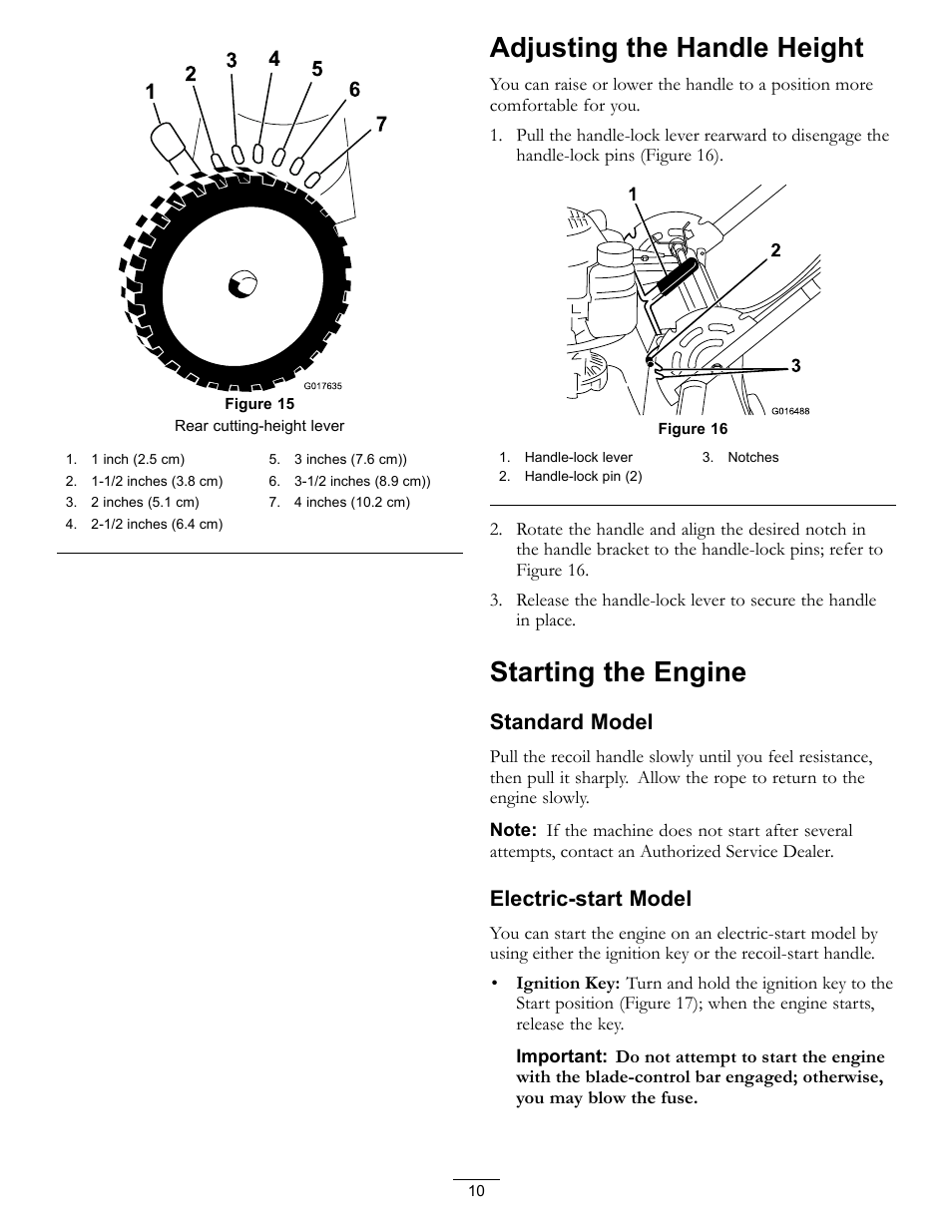 Figure 15, Adjusting the handle height, Starting the engine | Standard model, Electric-start model | Toro Timemaster 20199 User Manual | Page 10 / 28