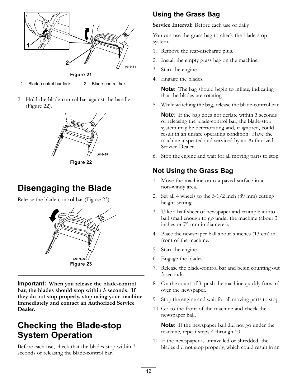 Figure 21), Disengaging the blade, Checking the blade-stop system operation | Using the grass bag, Not using the grass bag | Toro Timemaster 20199 User Manual | Page 12 / 28