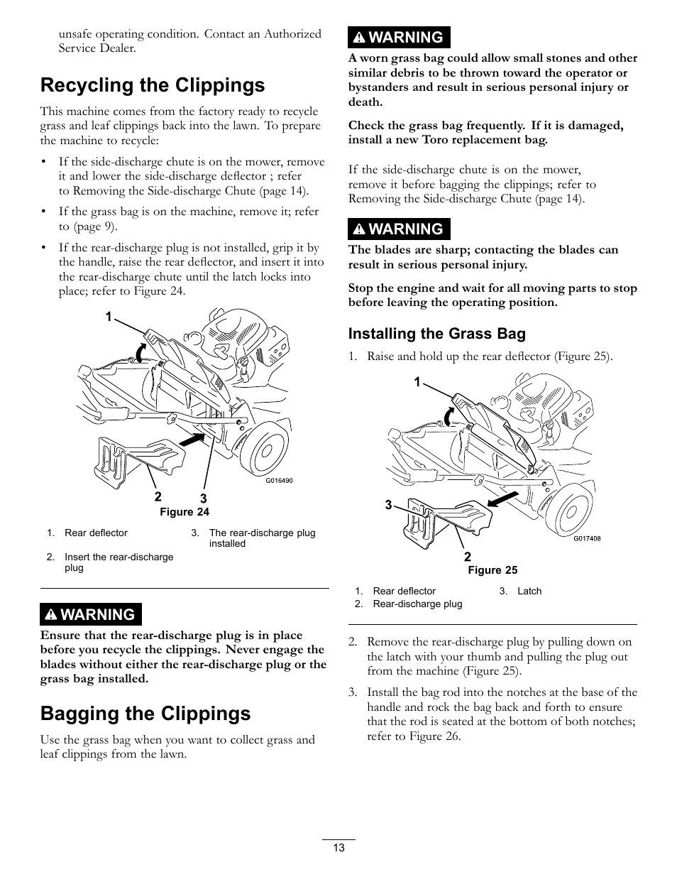 Recycling the clippings, Bagging the clippings, Warning | Installing the grass bag | Toro Timemaster 20199 User Manual | Page 13 / 28