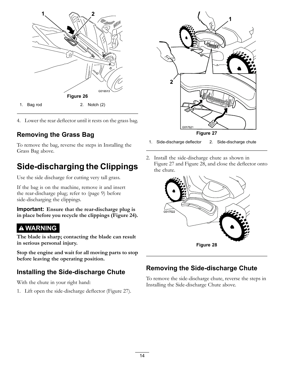 Removing the side-discharge chute, Figure 26, Side-discharging the clippings | Removing the grass bag, Warning, Installing the side-discharge chute | Toro Timemaster 20199 User Manual | Page 14 / 28