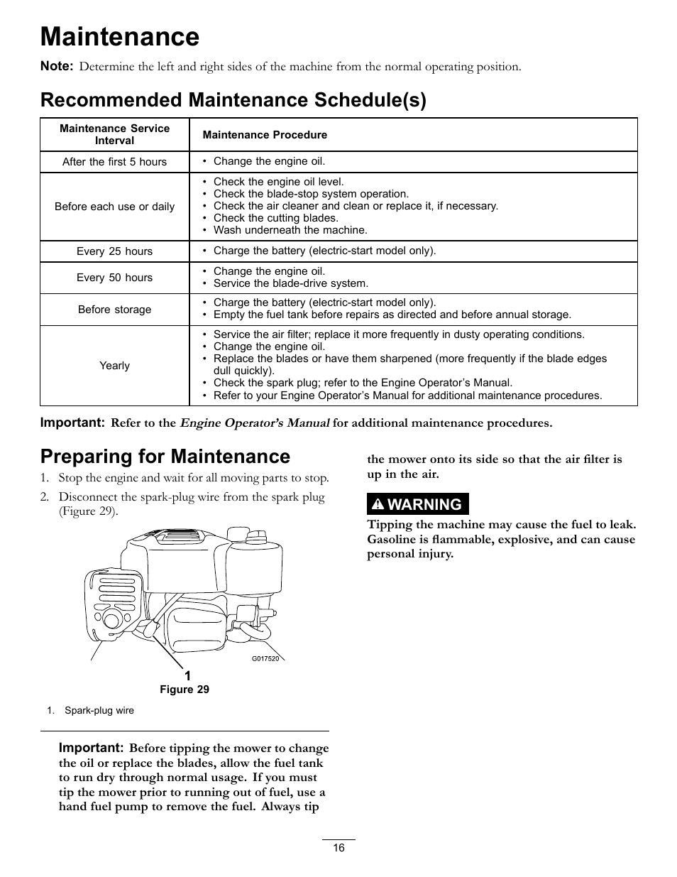Maintenance, Recommended maintenance schedule(s), Preparing for maintenance | Warning | Toro Timemaster 20199 User Manual | Page 16 / 28