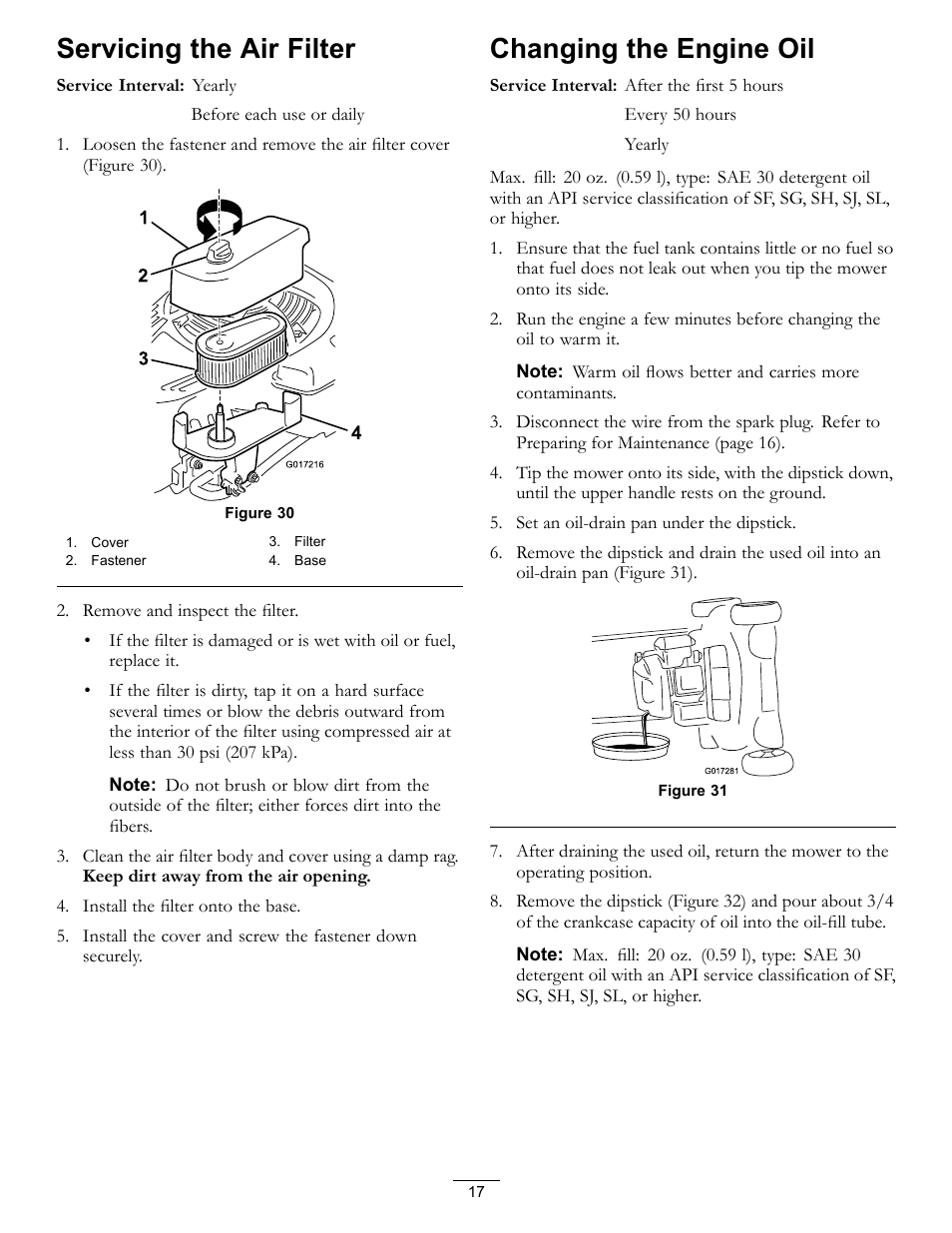 Changing the engine oil, Servicing the air filter | Toro Timemaster 20199 User Manual | Page 17 / 28