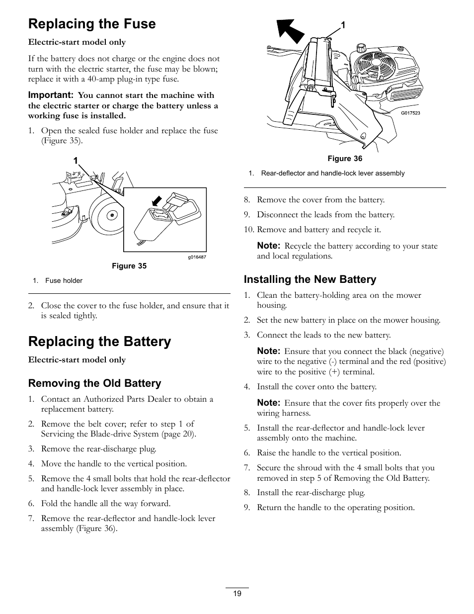 Replacing the fuse, Replacing the battery | Toro Timemaster 20199 User Manual | Page 19 / 28