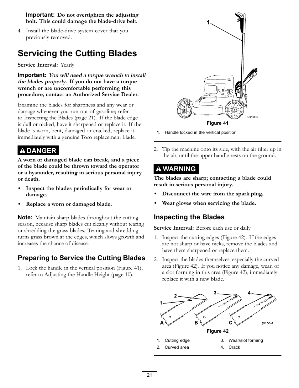 Servicing the cutting blades, Danger, Preparing to service the cutting blades | Warning, Inspecting the blades | Toro Timemaster 20199 User Manual | Page 21 / 28