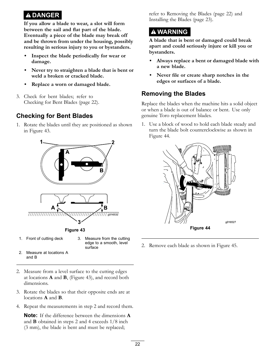 Danger, Checking for bent blades, Warning | Removing the blades | Toro Timemaster 20199 User Manual | Page 22 / 28