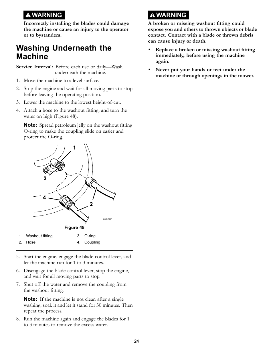 Washing underneath the machine, Warning | Toro Timemaster 20199 User Manual | Page 24 / 28