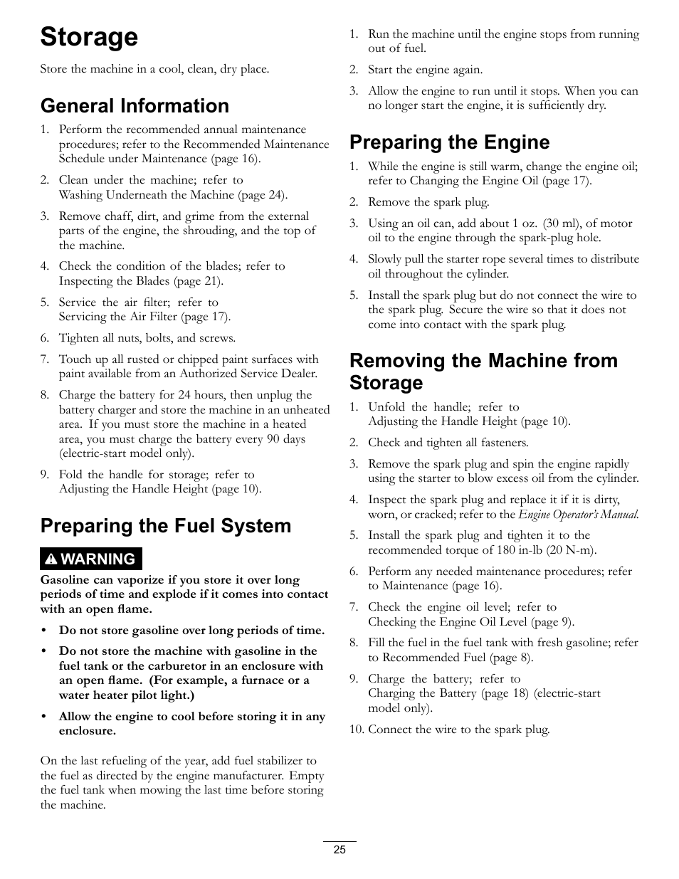 Storage, General information, Preparing the fuel system | Preparing the engine, Removing the machine from storage | Toro Timemaster 20199 User Manual | Page 25 / 28