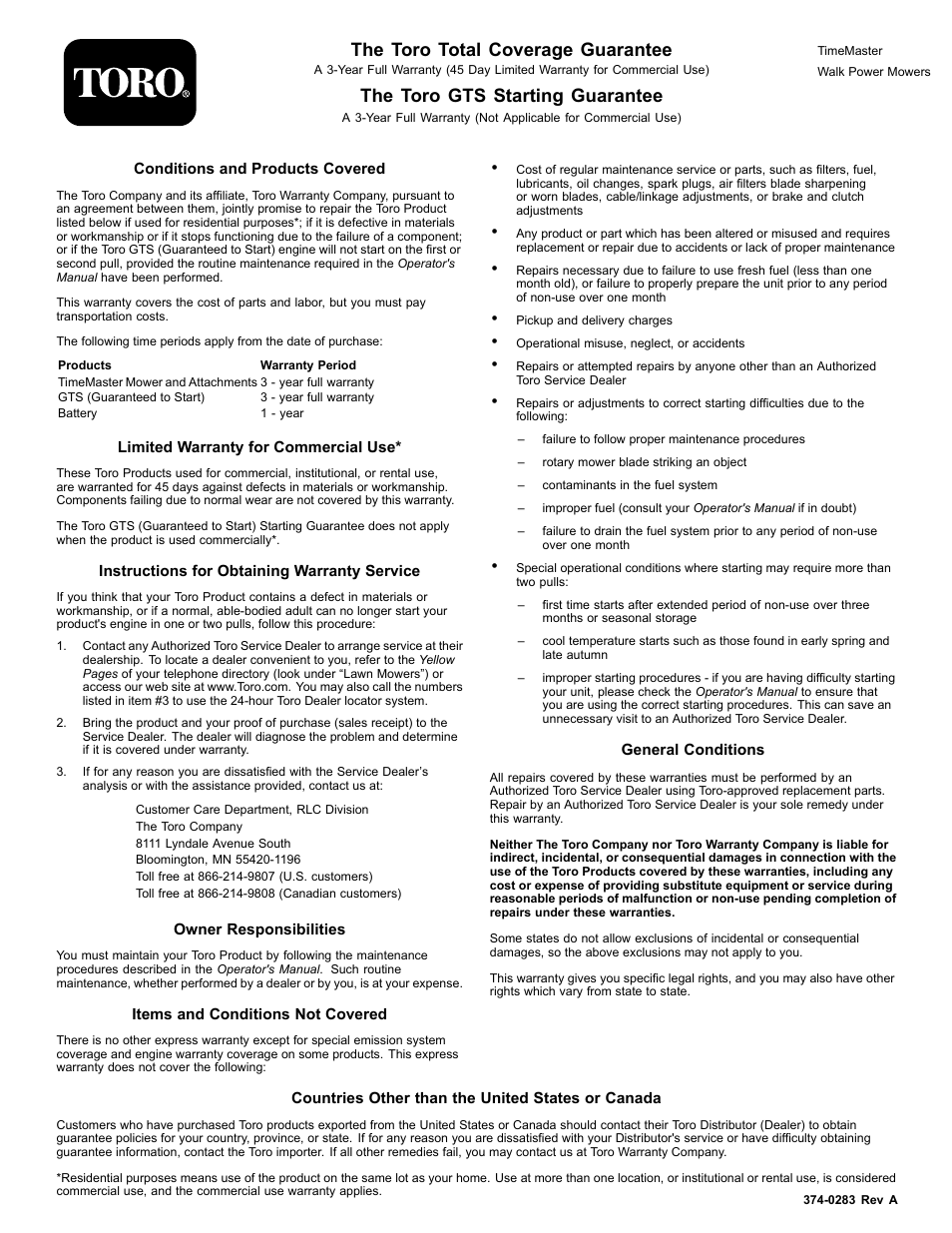 The toro total coverage guarantee, The toro gts starting guarantee | Toro Timemaster 20199 User Manual | Page 28 / 28