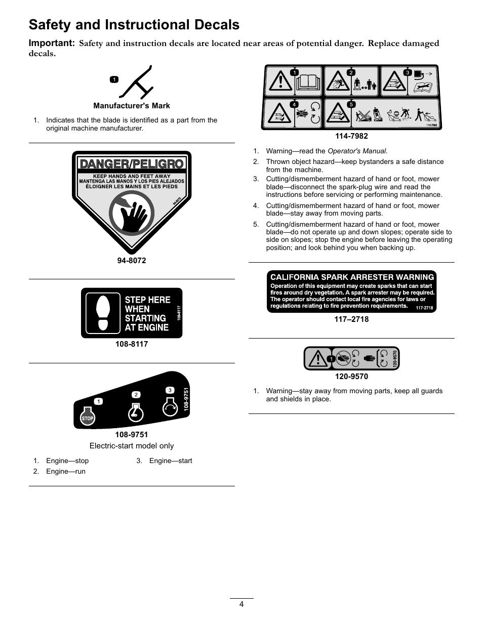 Safety and instructional decals | Toro Timemaster 20199 User Manual | Page 4 / 28
