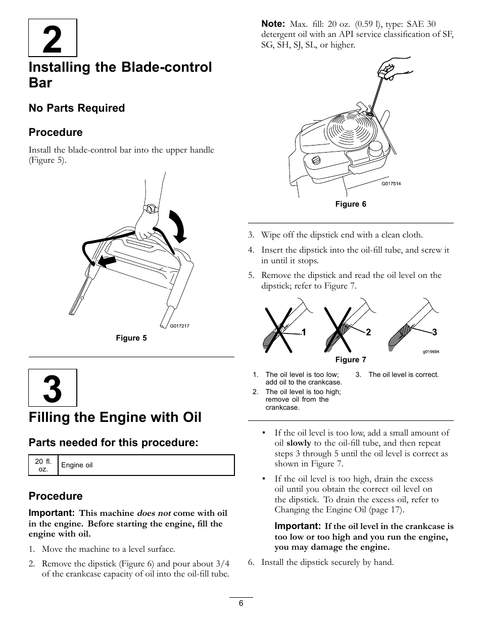 Installing the blade-control bar, Filling the engine with oil | Toro Timemaster 20199 User Manual | Page 6 / 28