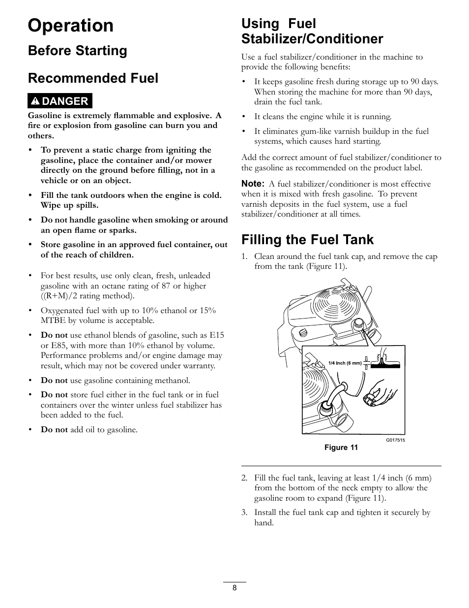 Operation, Before starting recommended fuel, Using fuel stabilizer/conditioner | Filling the fuel tank | Toro Timemaster 20199 User Manual | Page 8 / 28
