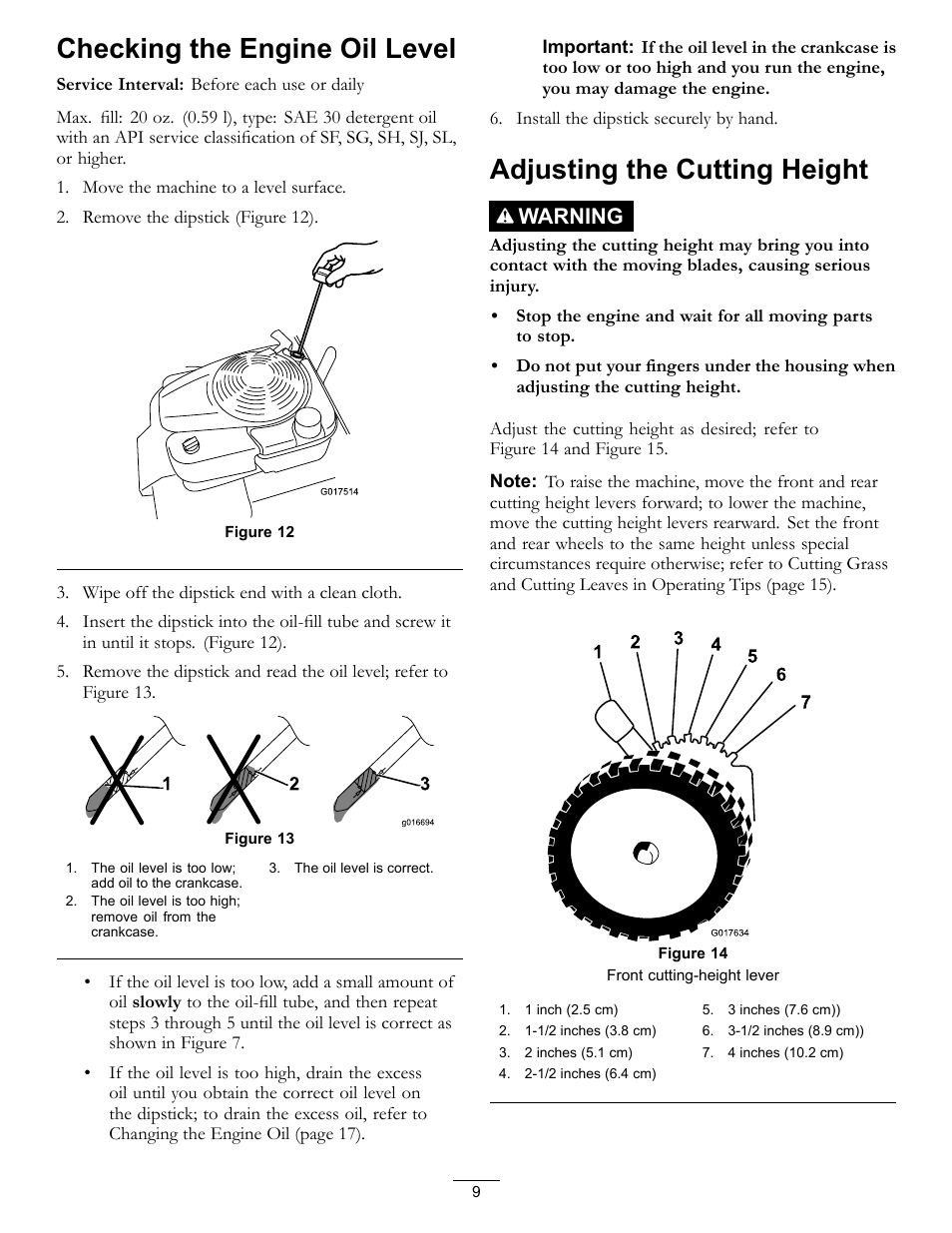 Checking the engine oil level, Adjusting the cutting height, Warning | Toro Timemaster 20199 User Manual | Page 9 / 28