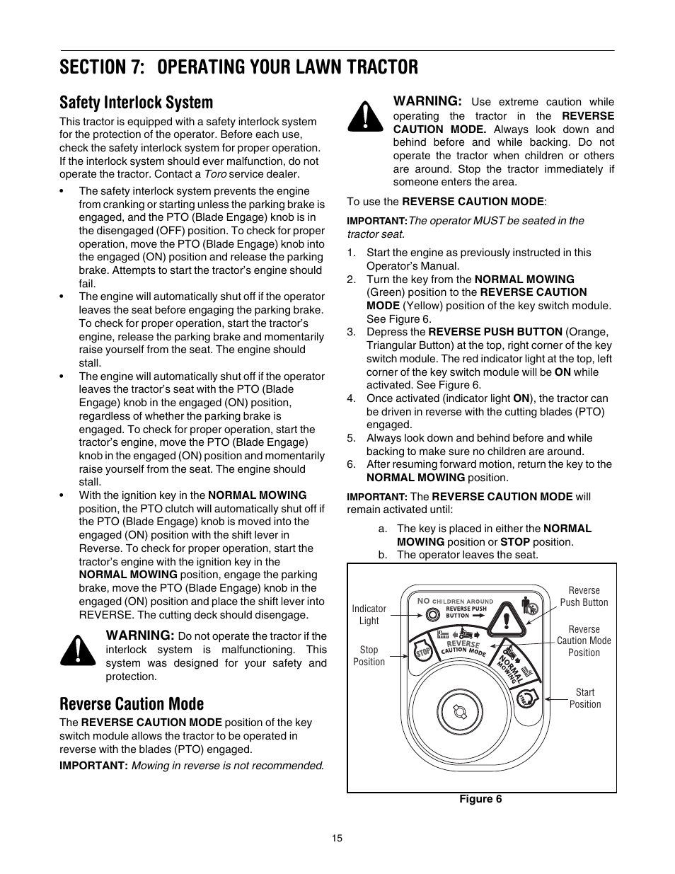 Section 7: operating your lawn tractor, Safety interlock system, Reverse caution mode | 15 an, Operating your lawn tractor | Toro LX500 User Manual | Page 15 / 36