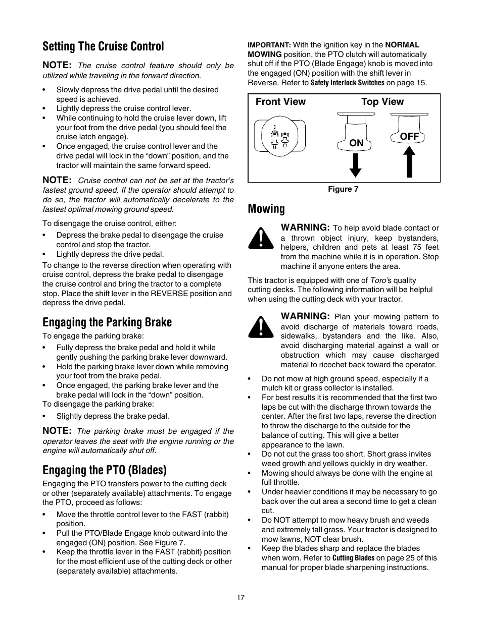 Setting the cruise control, Engaging the parking brake, Engaging the pto (blades) | Mowing | Toro LX500 User Manual | Page 17 / 36