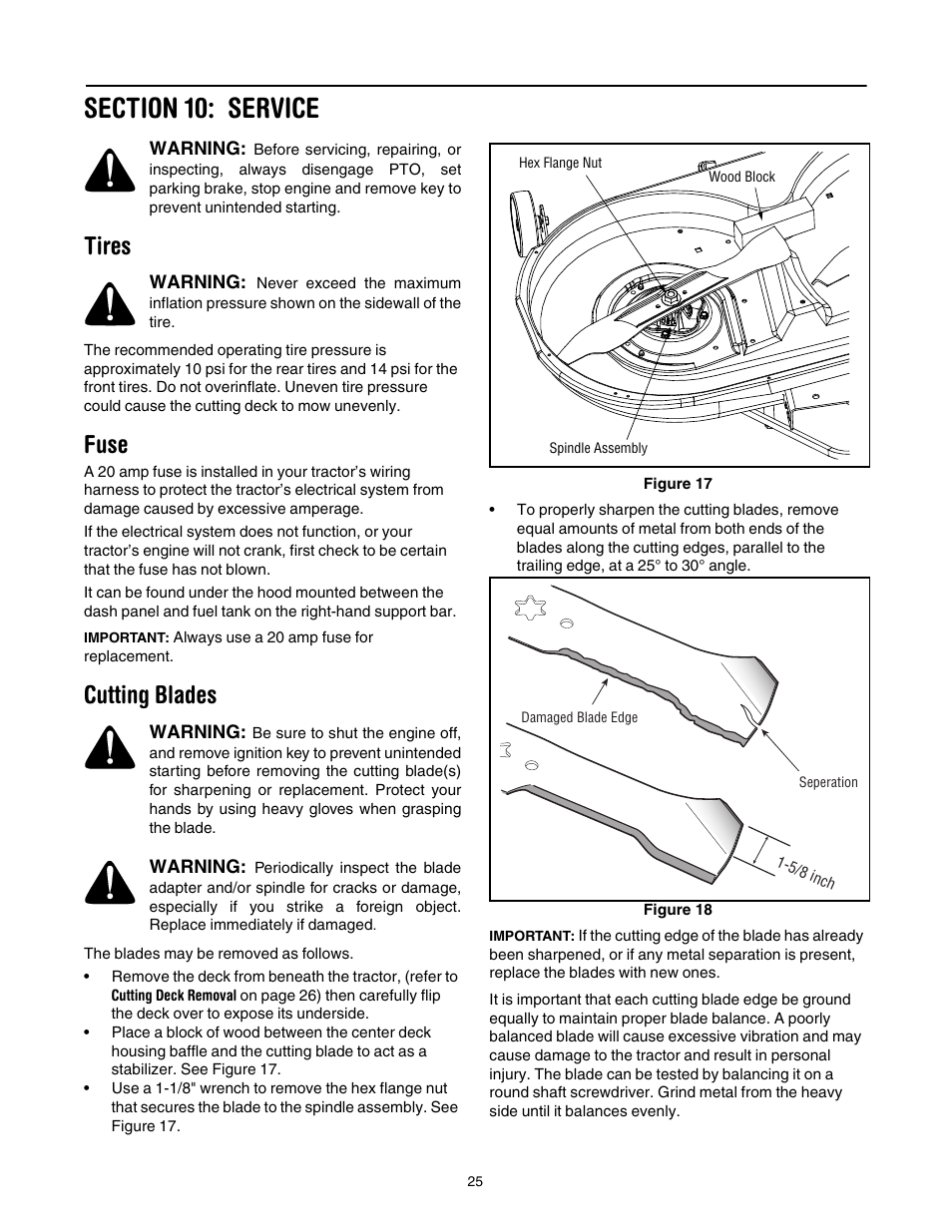 Section 10: service, Tires, Fuse | Cutting blades, 25 f | Toro LX500 User Manual | Page 25 / 36