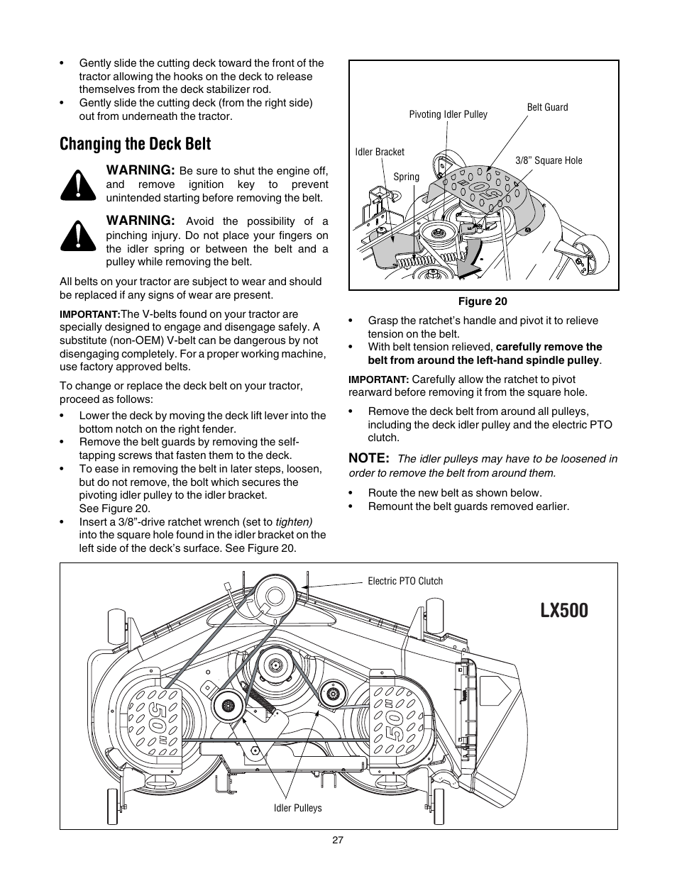 Changing the deck belt, Lx500 | Toro LX500 User Manual | Page 27 / 36