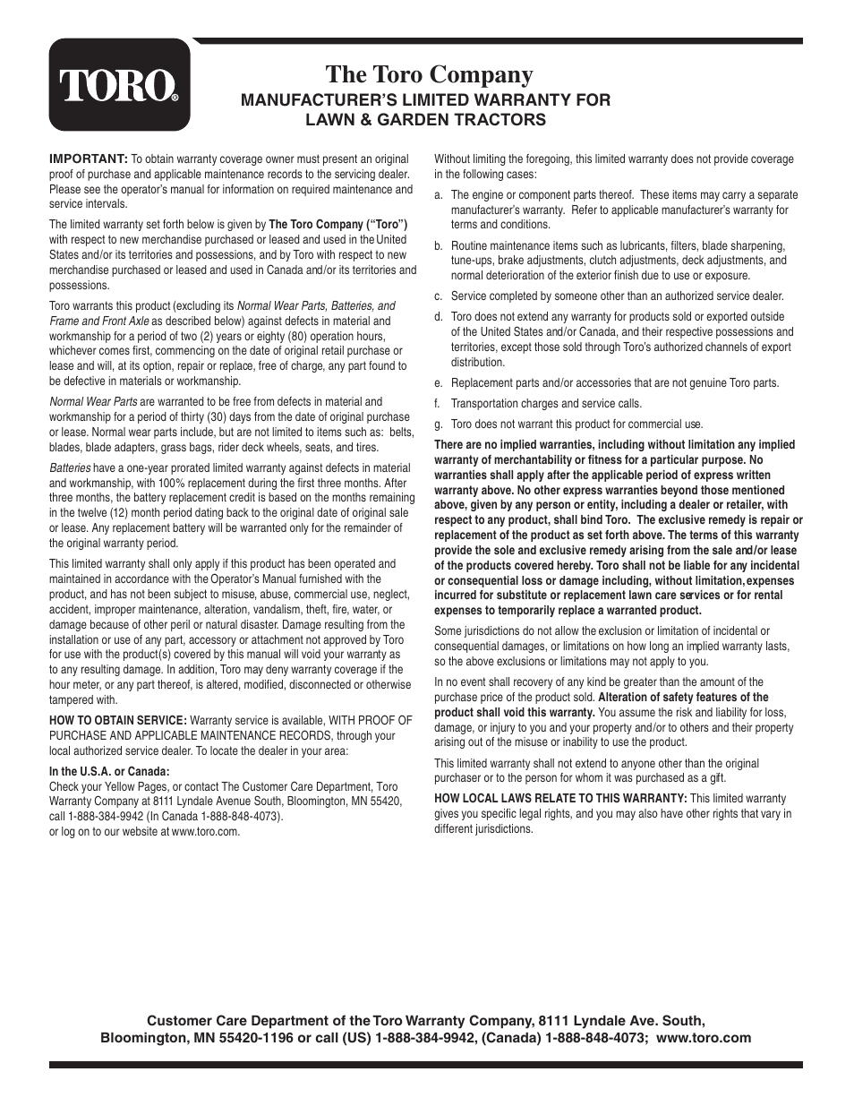 The toro company | Toro LX500 User Manual | Page 36 / 36