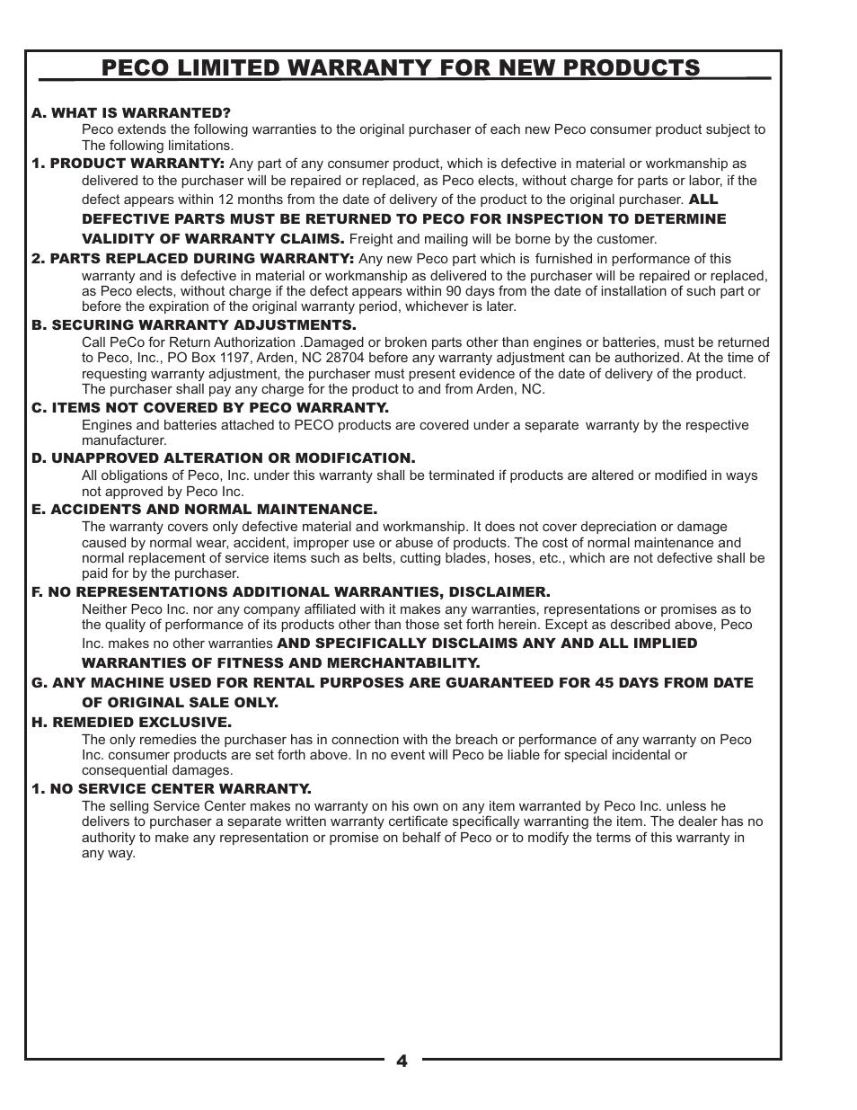 Peco limited warranty for new products | Toro 22621223-24 User Manual | Page 4 / 16
