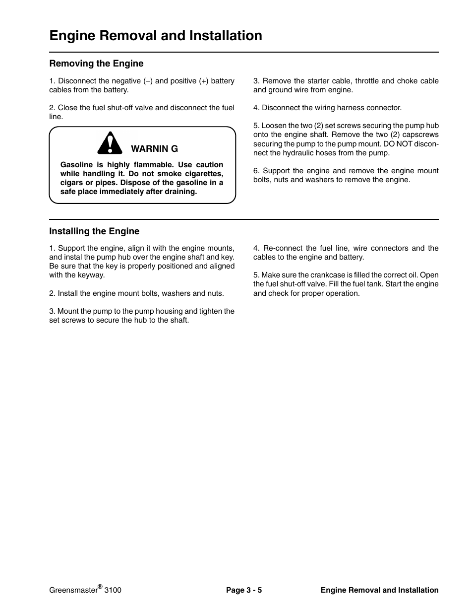Engine removal and installation | Toro GREENSMASTER 3100 User Manual | Page 17 / 234