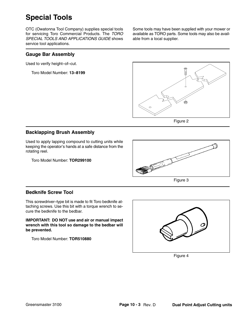 Special tools | Toro GREENSMASTER 3100 User Manual | Page 213 / 234