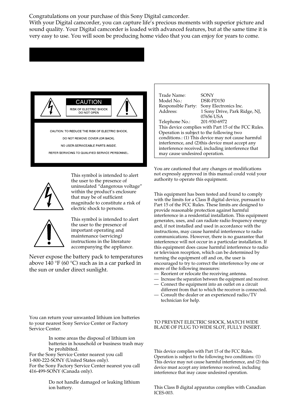 Warning, For customers in the u.s.a. and canada, For the customers in the u.s.a | Declaration of conformity, Caution, For customers in canada caution, For customers in canada, Welcome | The Lenbrook Group DSR-PD150 User Manual | Page 2 / 172