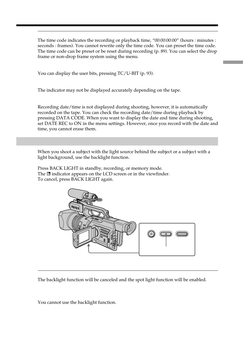 Recording a picture, Shooting backlit subjects (back light) | The Lenbrook Group DSR-PD150 User Manual | Page 23 / 172