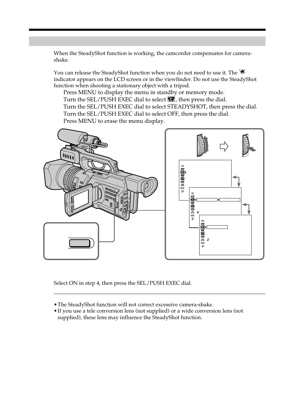 Releasing the steadyshot function, Shooting with manual adjustment | The Lenbrook Group DSR-PD150 User Manual | Page 48 / 172