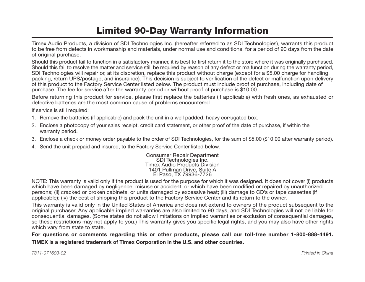 Limited 90-day warranty information | TIMEX Weather Products T311 User Manual | Page 12 / 12