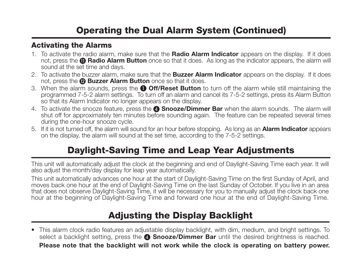 Operating the dual alarm system (continued), Adjusting the display backlight, Daylight-saving time and leap year adjustments | TIMEX Weather Products T311 User Manual | Page 9 / 12