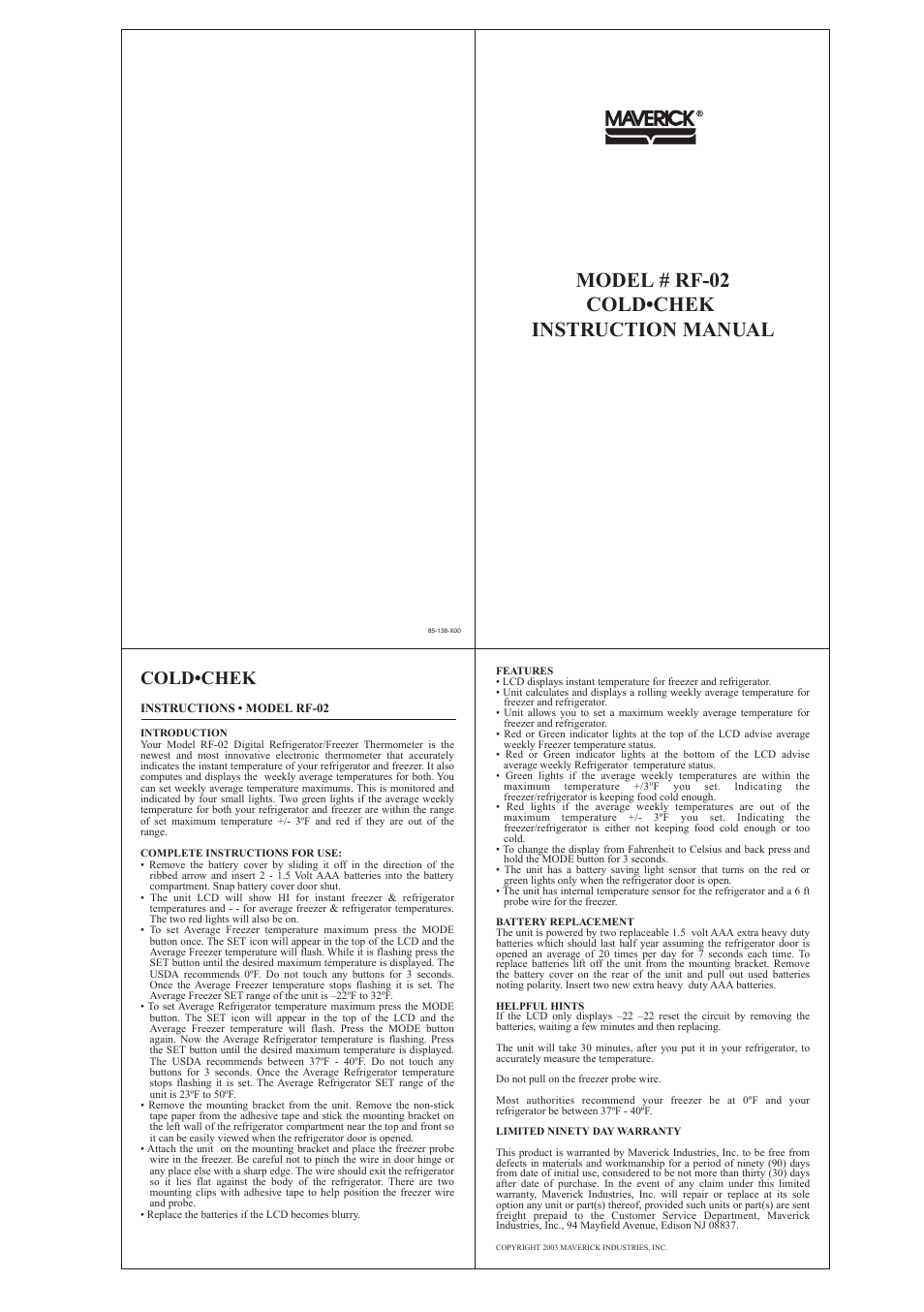 TIMEX Weather Products COLDCHEK RF-02 User Manual | 1 page