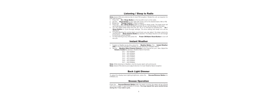 Listening / sleep to radio, Instant weather, Back light dimmer | Snooze operation | TIMEX Weather Products T248 User Manual | Page 6 / 8