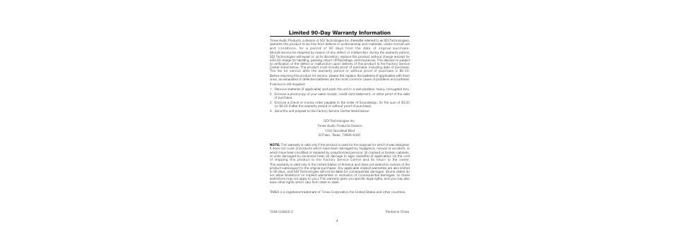 Limited 90-day warranty information | TIMEX Weather Products T248 User Manual | Page 8 / 8