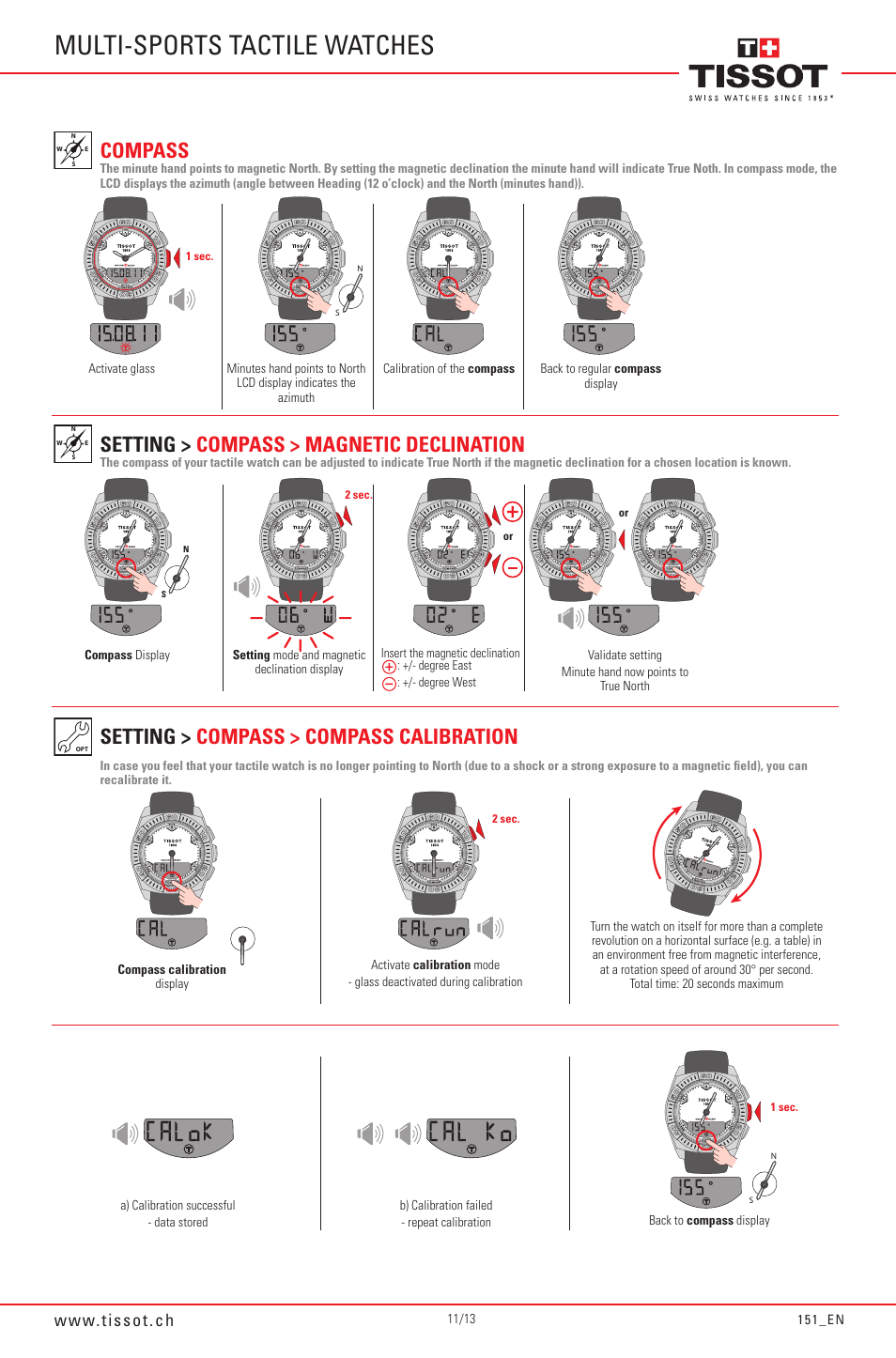 Multi-sports tactile watches, Compass, Setting > compass > magnetic declination | Setting > compass > compass calibration | Tissot Racing-Touch 151_EN User Manual | Page 11 / 13